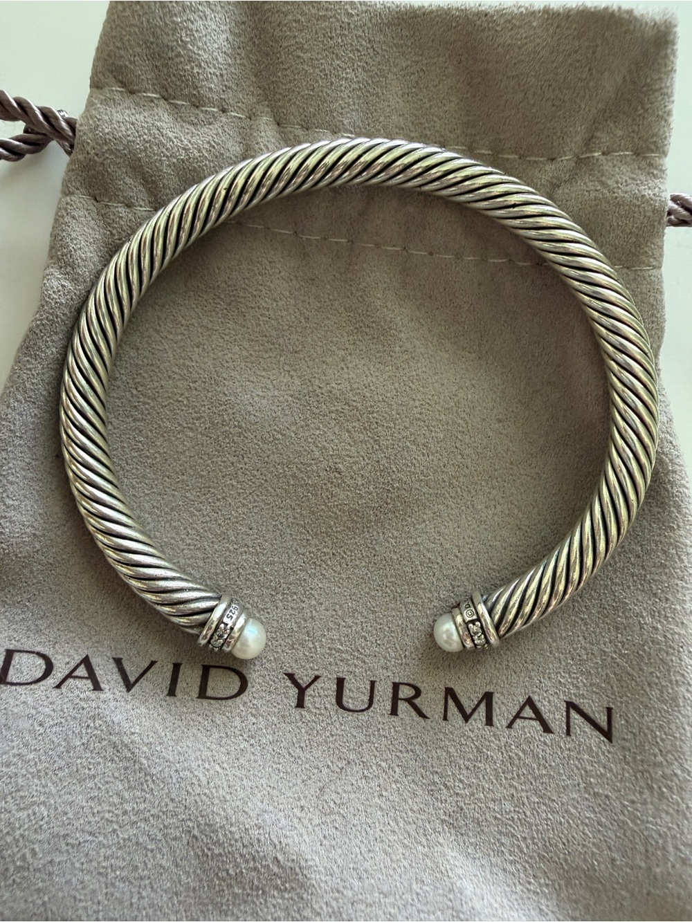 David Yurman 5mm Sterling Silver Pearl & Diamond Cable Cuff Bracelet